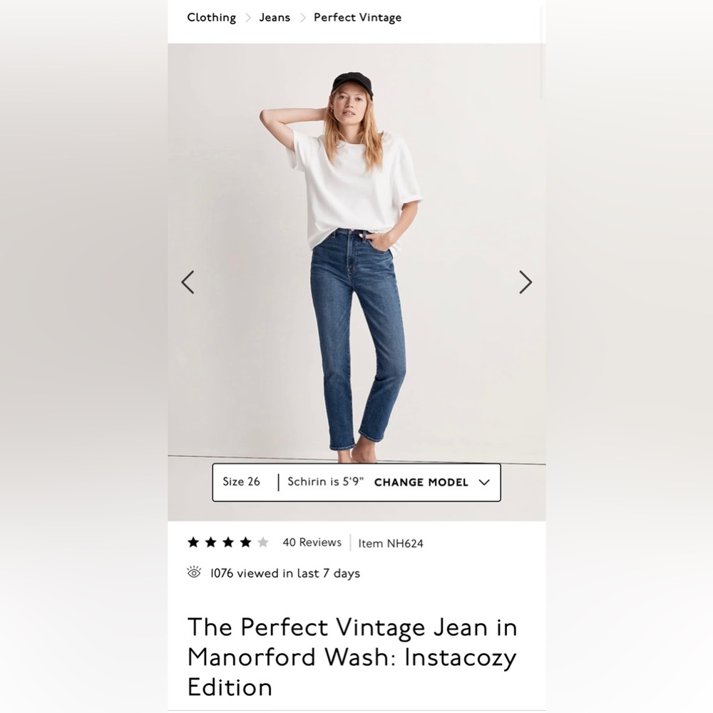 Madewell Perfect Vintage Jean in Manorford Wash Size 32